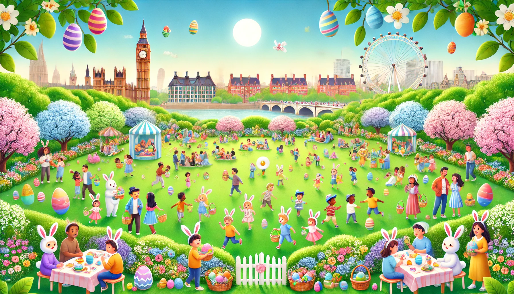 A joyful Easter scene in London with children participating in an Easter egg hunt