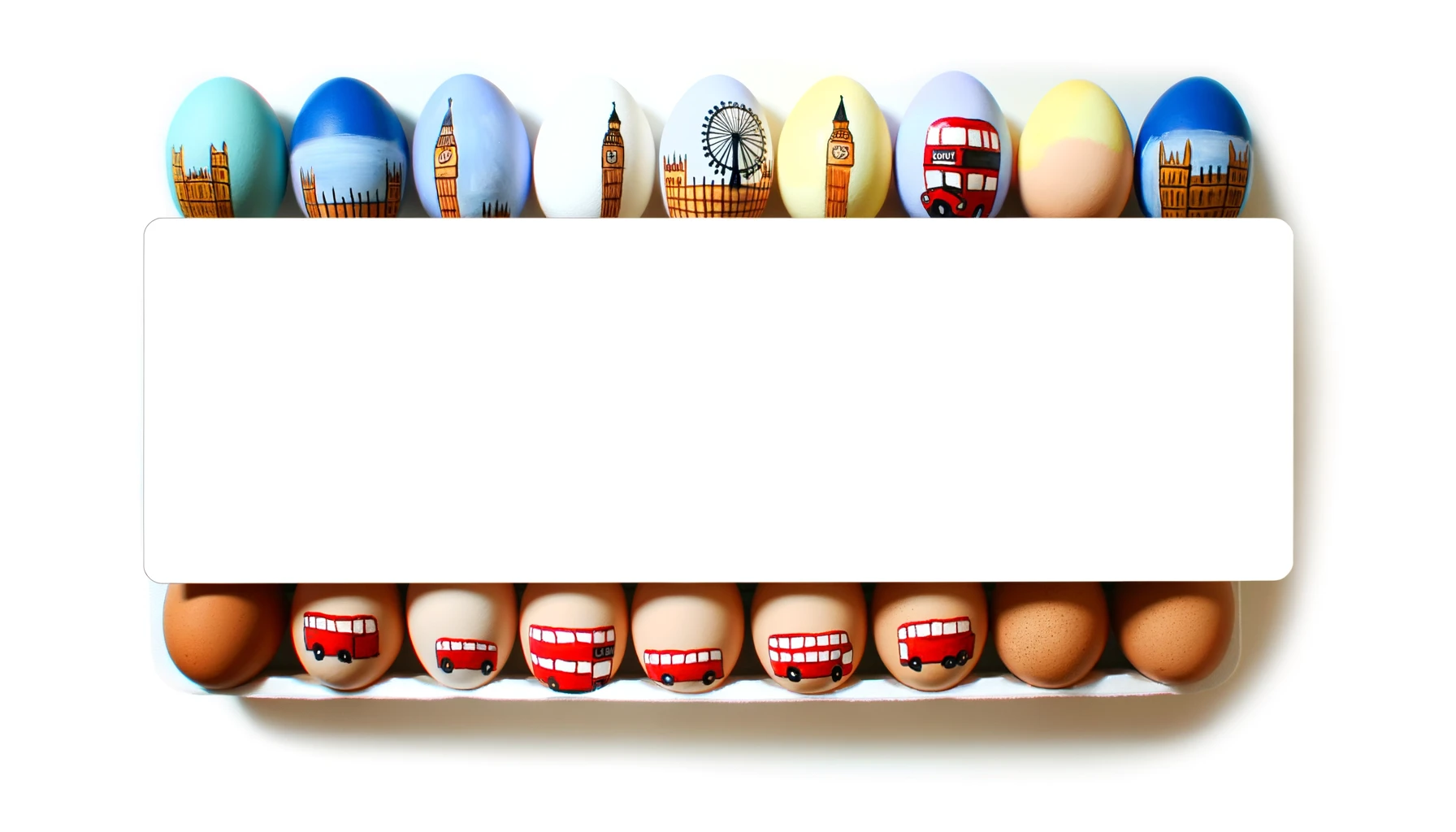 Rows of eggs painted with London imagery.